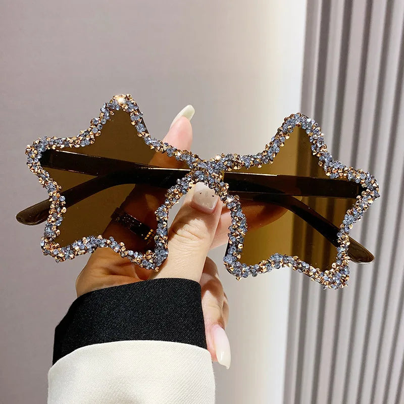 Luxury Diamond Star Shape Sunglasses Women Trends Rhinestone Shiny Sun Glasses Ladies Punk Rimless Style Eyewear