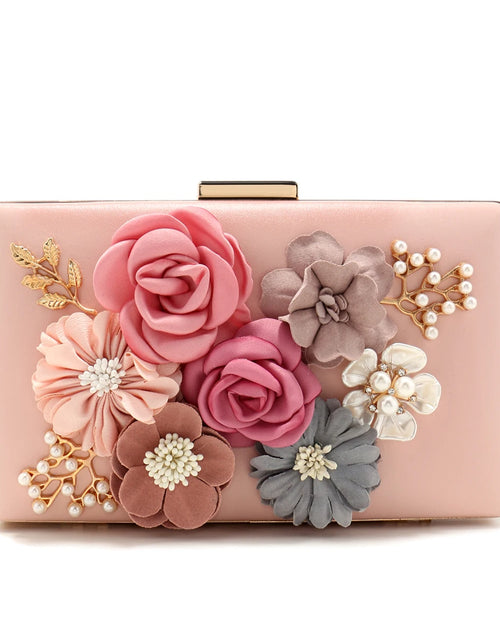 Load image into Gallery viewer, Elegant Pink Floral Evening Bag – Pearl &amp; Diamond Clutch with Glitter Shoulder Chain
