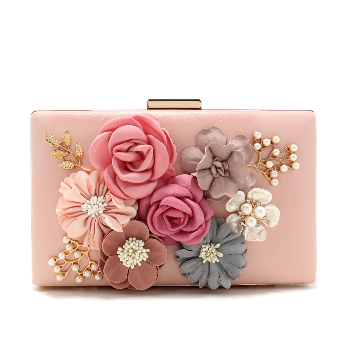 Elegant Pink Floral Evening Bag – Pearl & Diamond Clutch with Glitter Shoulder Chain