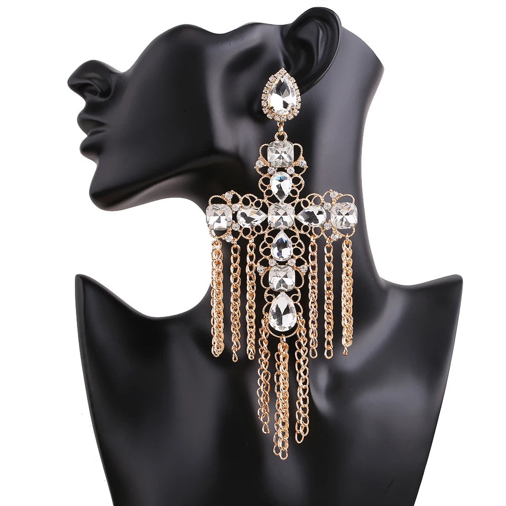 Statement Rhinestone Tassel Drop Earrings – Crystal Dangle Jewelry for Women