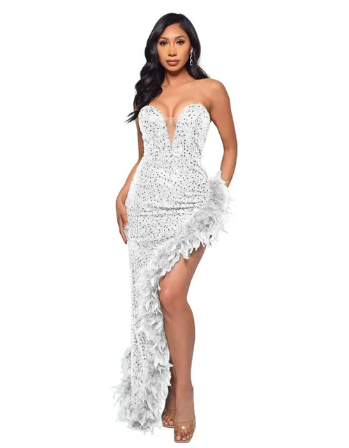 Load image into Gallery viewer, Strapless Sequin Feather Bodycon Dress – Elegant Cocktail &amp; Formal Party Wear for Women
