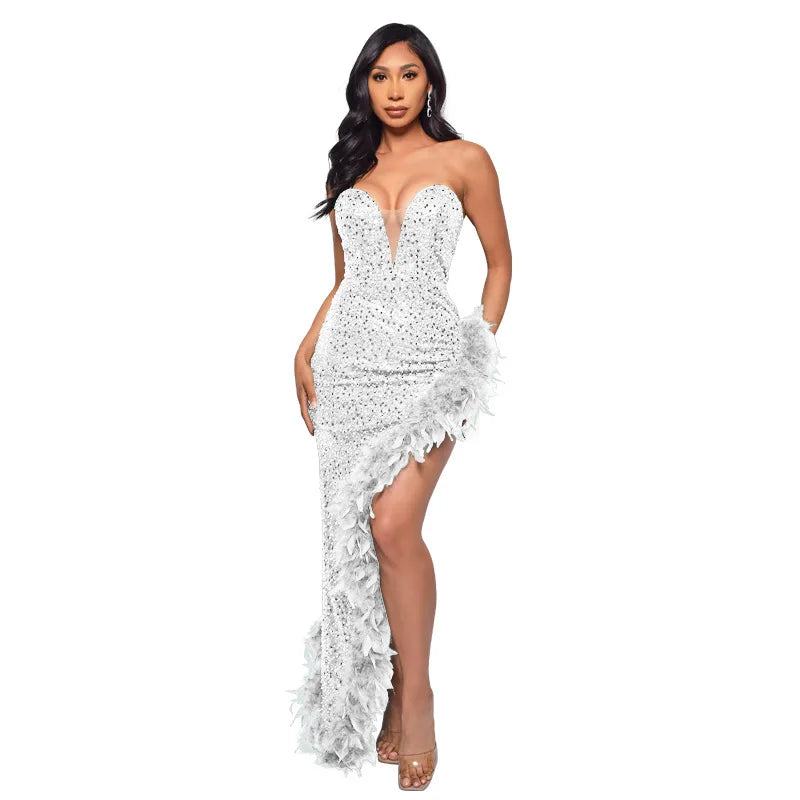 Strapless Sequin Feather Bodycon Dress – Elegant Cocktail & Formal Party Wear for Women