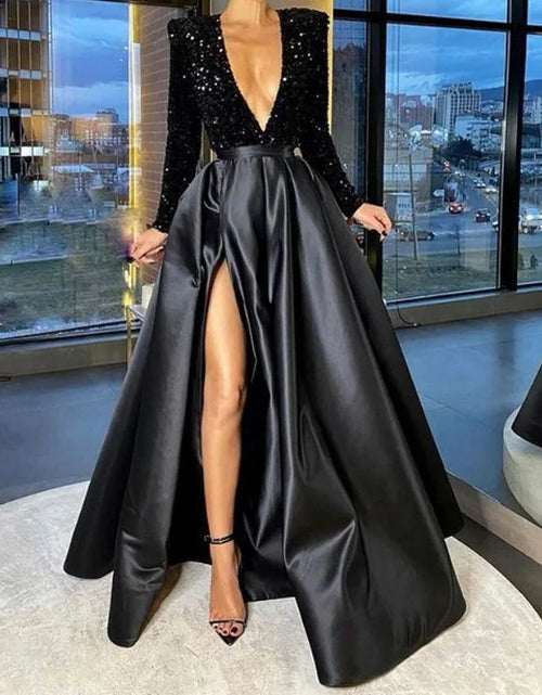 Load image into Gallery viewer, Sexy Deep V-Neck Sequin Evening Gown – Long Sleeve Split Party &amp; Prom Dress for Women
