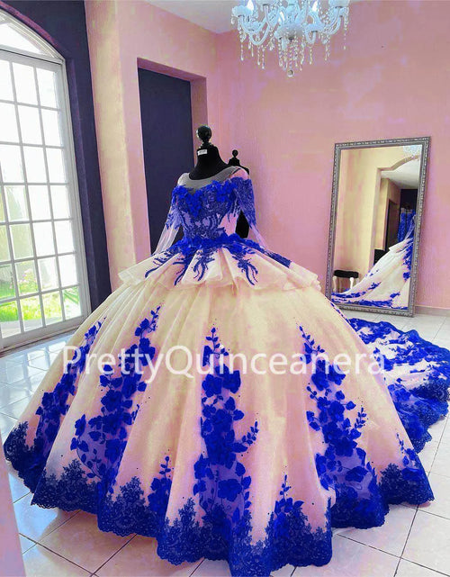 Load image into Gallery viewer, Regal Bloom: Champagne &amp; Red Tiered Quinceañera Ball Gown with 3D Flowers and Train
