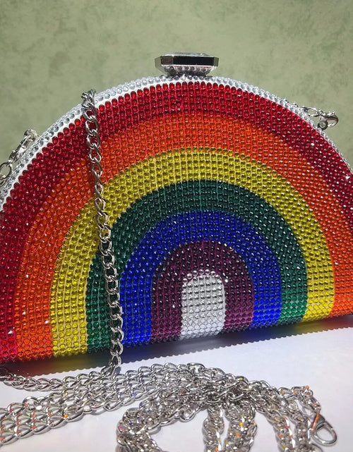 Load image into Gallery viewer, Rainbow Crystal Half-Moon Clutch – Luxury Rhinestone Evening Bag for Weddings &amp; Parties
