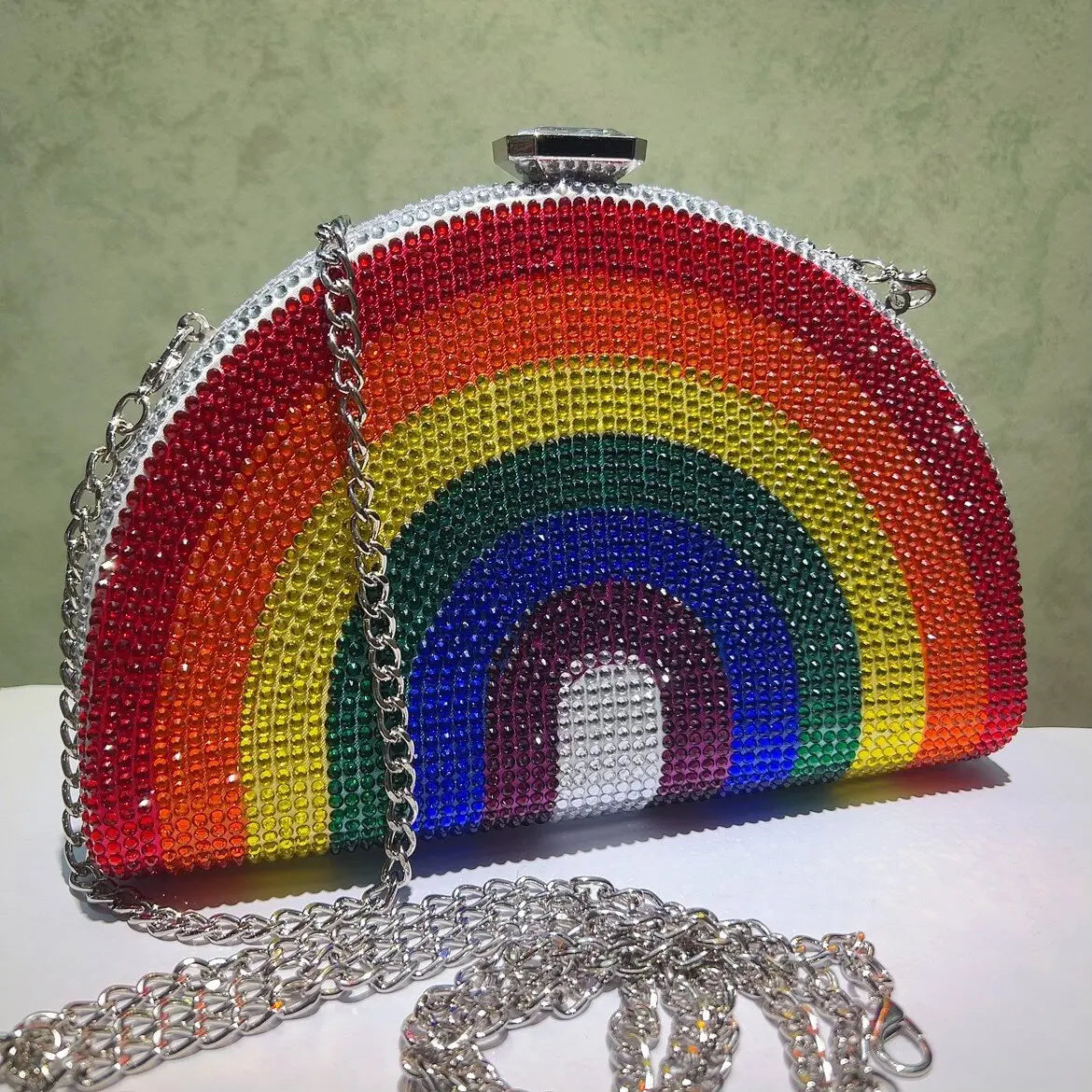 Rainbow Crystal Half-Moon Clutch – Luxury Rhinestone Evening Bag for Weddings & Parties