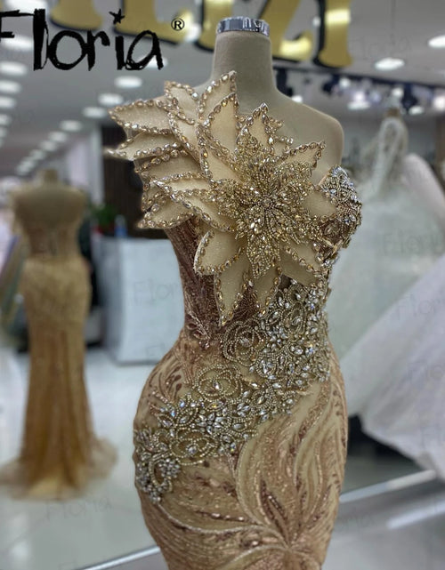 Load image into Gallery viewer, Golden Yellow One-Shoulder Mermaid Gown – 5D Leaf Design for Dubai Weddings &amp; Events
