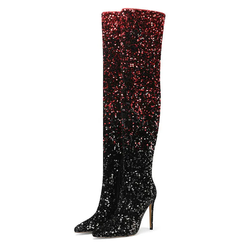 Shimmer & Stride: Gradient Sequin Over-the-Knee Boots with 11CM Heels