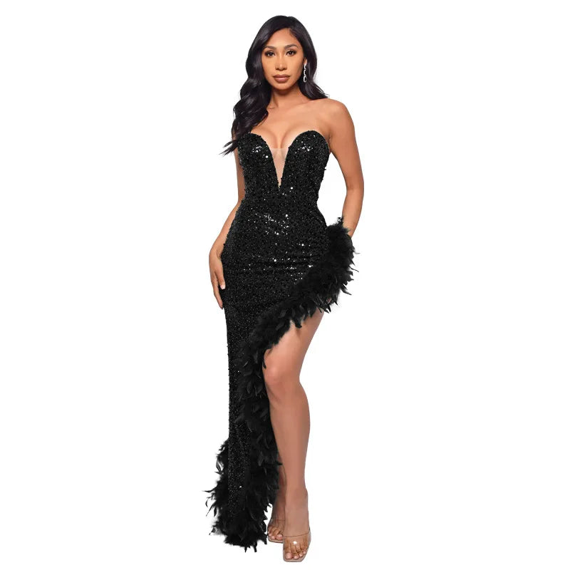 Strapless Sequin Feather Bodycon Dress – Elegant Cocktail & Formal Party Wear for Women