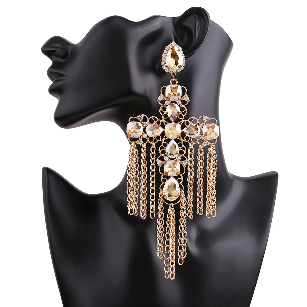 Statement Rhinestone Tassel Drop Earrings – Crystal Dangle Jewelry for Women