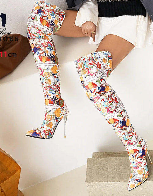 Load image into Gallery viewer, Fierce Elegance: Pointed Toe Stiletto Thigh-High Print Boots
