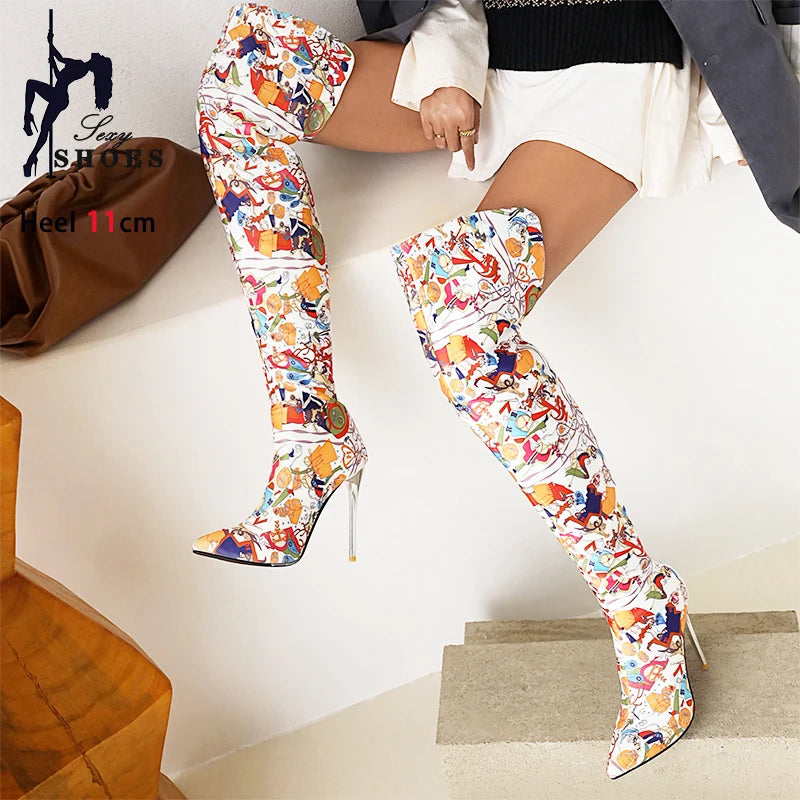 Fierce Elegance: Pointed Toe Stiletto Thigh-High Print Boots