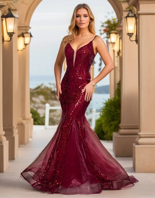 Load image into Gallery viewer, Glamorous &amp; Bold: Deep V-Neck Sequin Spaghetti Strap Evening Gown for Unforgettable Nights
