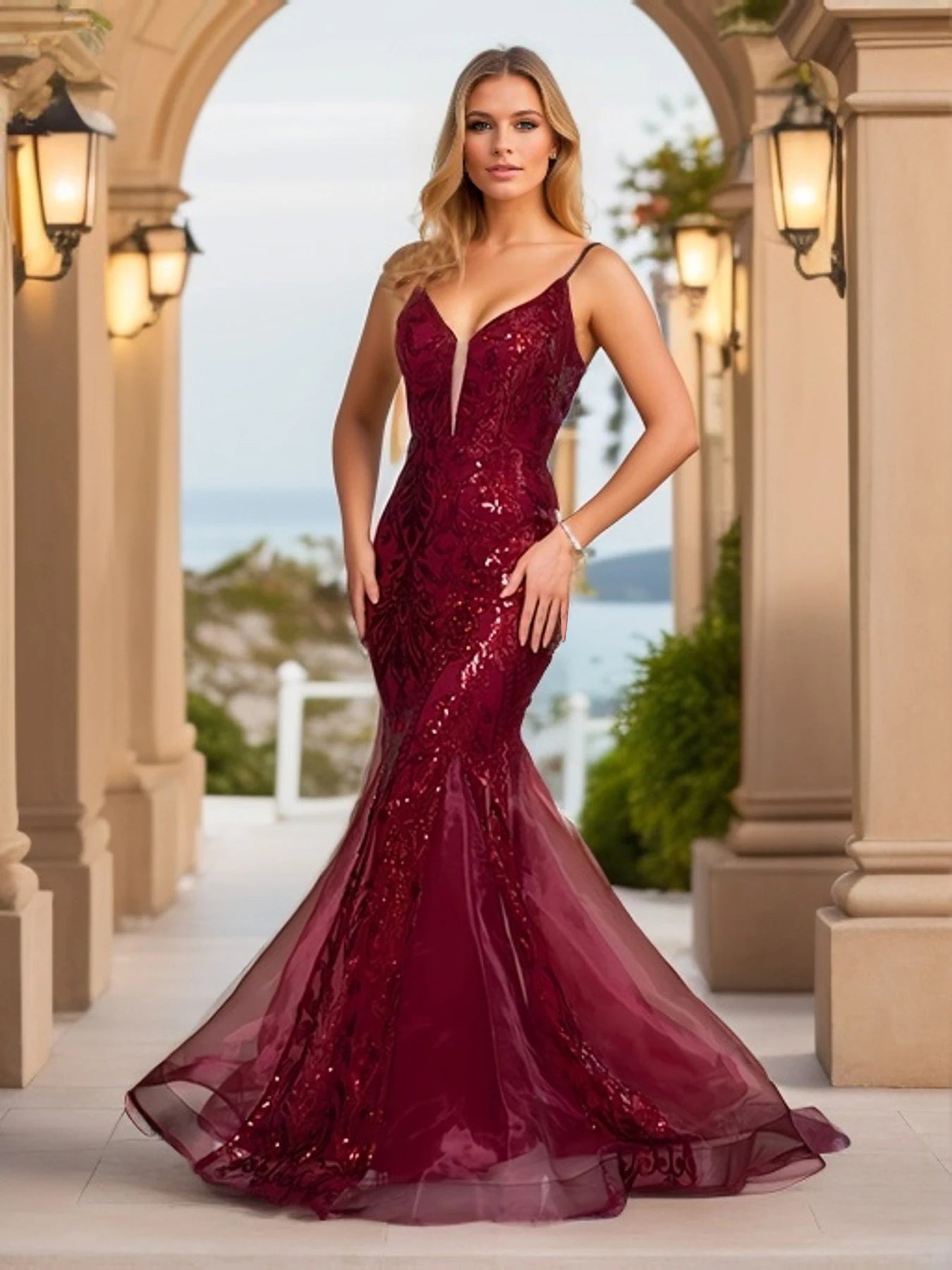 Glamorous & Bold: Deep V-Neck Sequin Spaghetti Strap Evening Gown for Unforgettable Nights