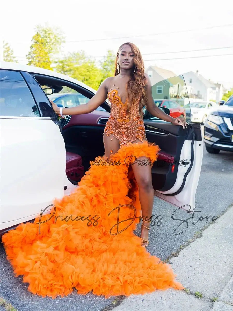 Fiery Glamour: Sparkly Orange Mermaid Gown with High Slit and Ruffles