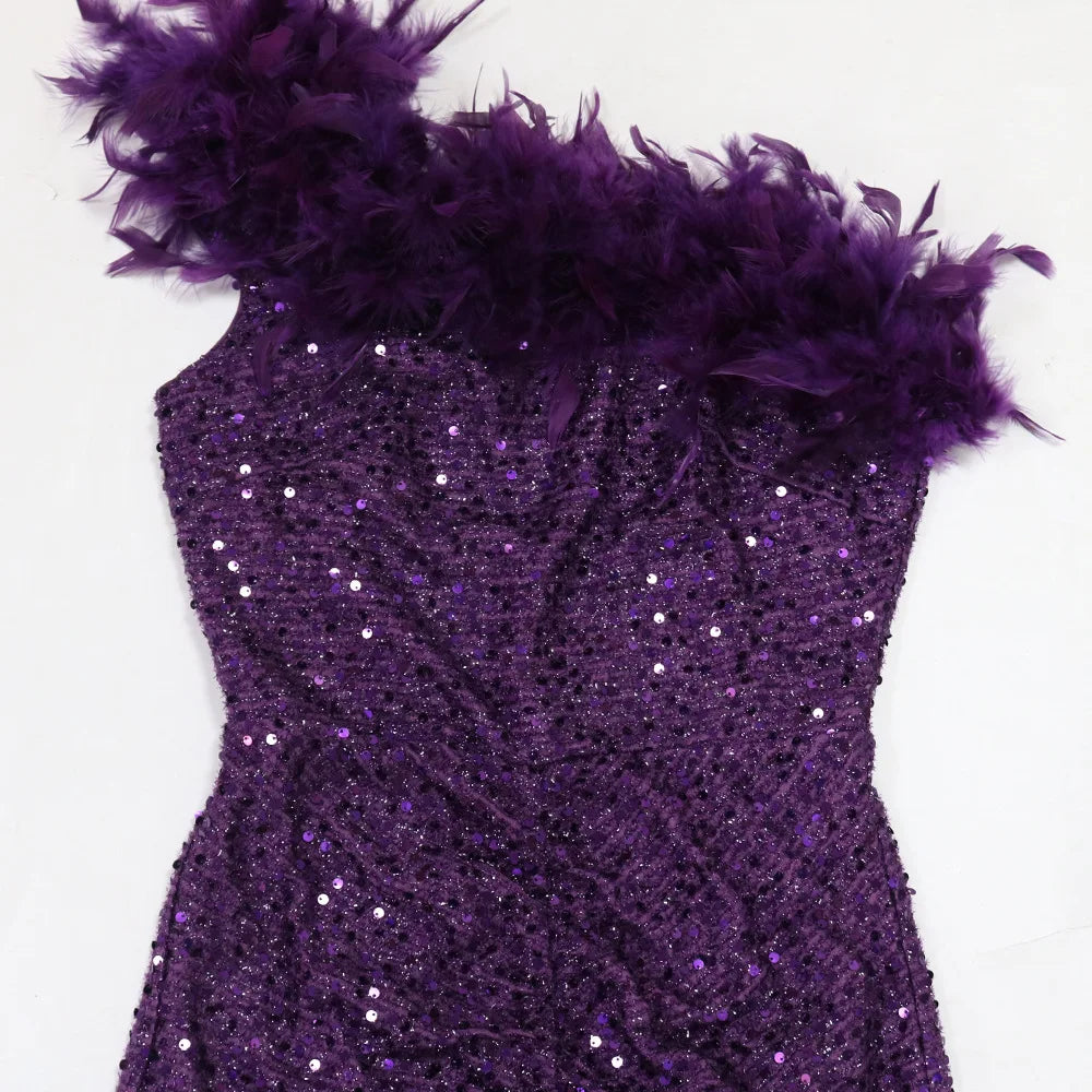 Dazzling Sequined Backless Maxi Dress with Feather & Bead Detailing – Perfect for Birthday Party