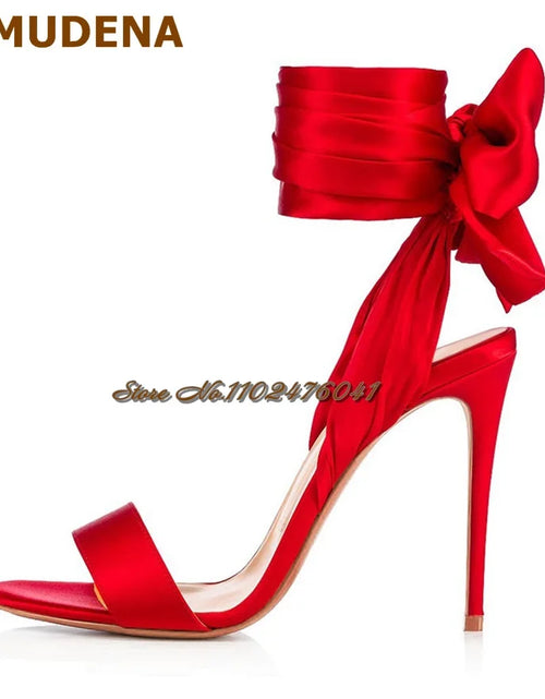 Load image into Gallery viewer, Satin Bowtie Sandals: Stiletto Heels with Silk Lace-up Elegance
