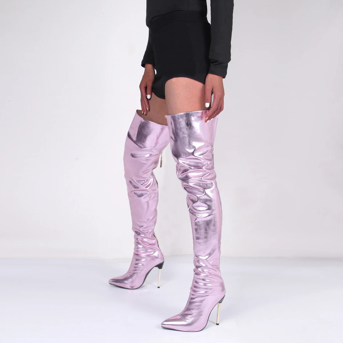 Metallic Seduction: 11CM Stiletto Over-the-Knee Boots for Bold Style