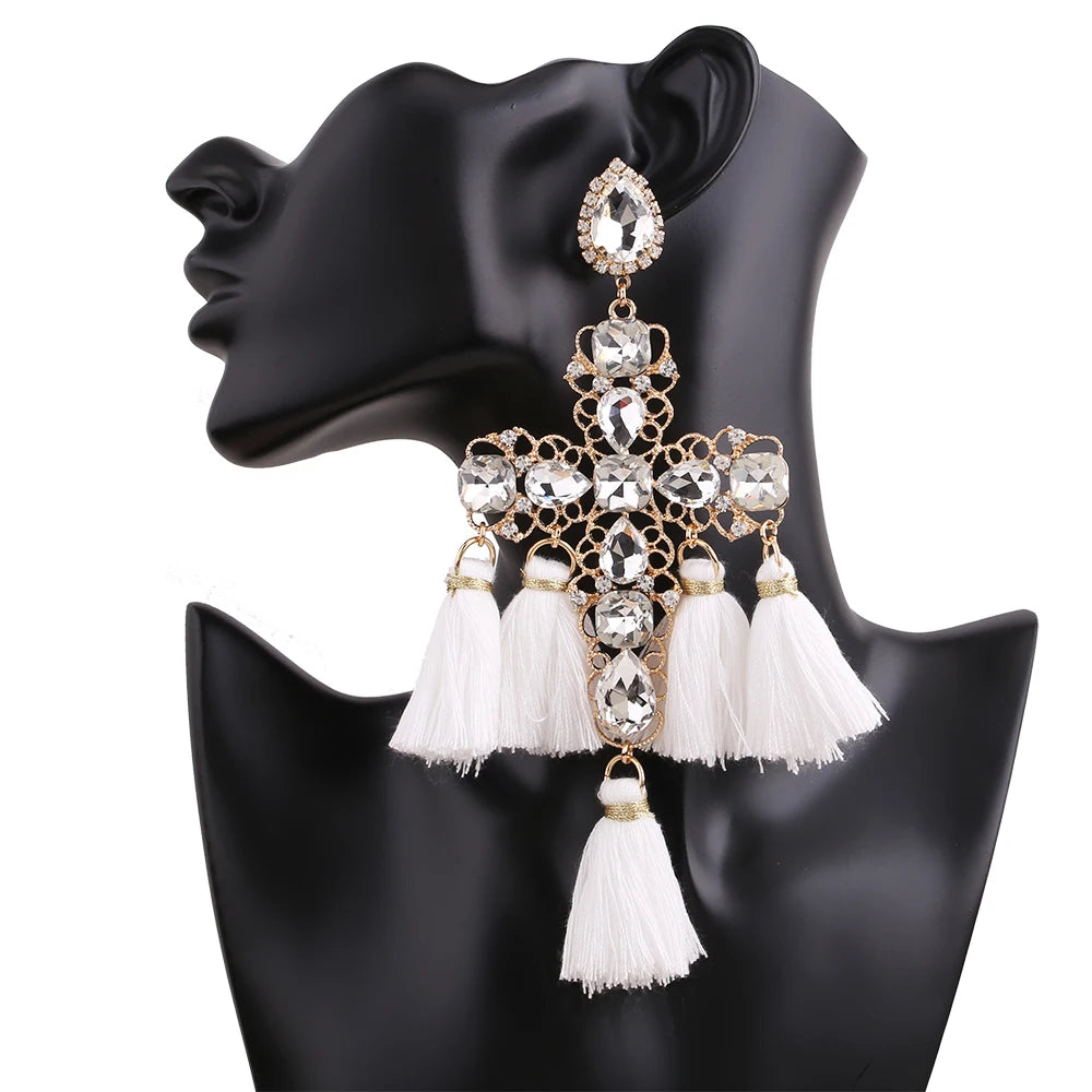 Statement Rhinestone Tassel Drop Earrings – Crystal Dangle Jewelry for Women