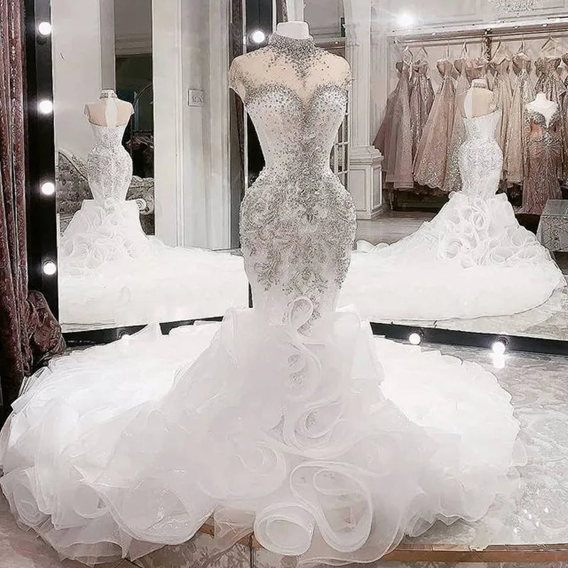 Luxurious High-Neck Beaded Crystal Wedding Dress – Arabic Aso Ebi Ruffled Bridal Gown