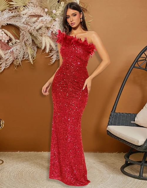 Load image into Gallery viewer, Dazzling Sequined Backless Maxi Dress with Feather &amp; Bead Detailing – Perfect for Birthday Party
