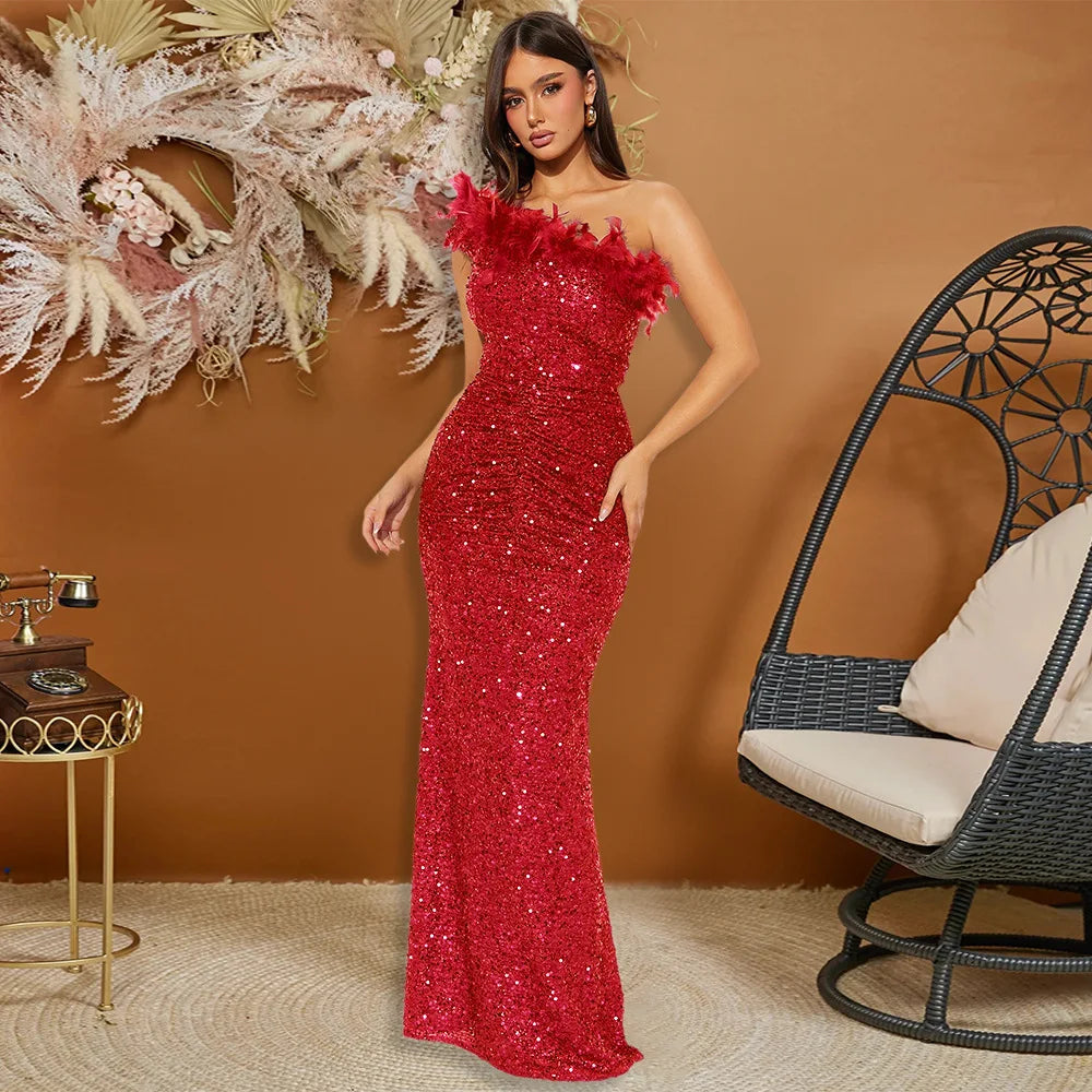 Dazzling Sequined Backless Maxi Dress with Feather & Bead Detailing – Perfect for Birthday Party