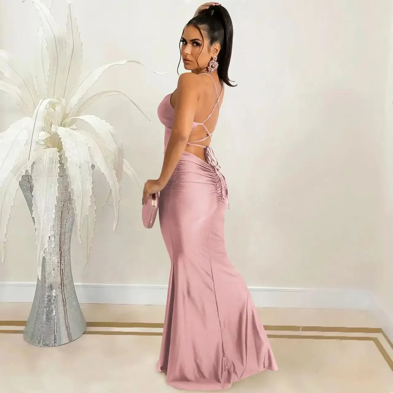 Sexy Lace-Up Backless Satin Maxi Dress – Solid Bodycon Evening Party Dress for Women