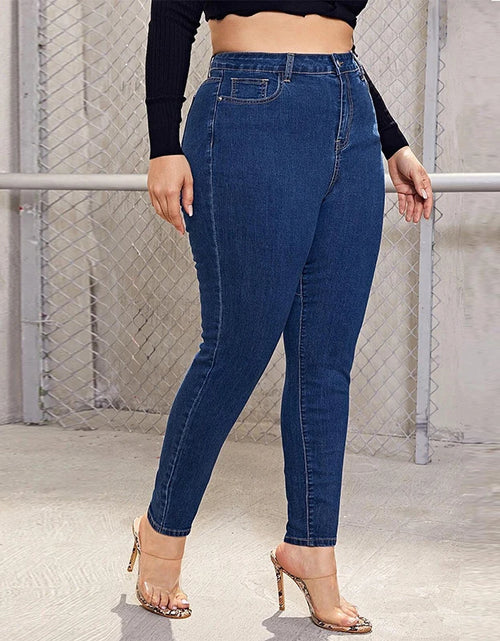 Load image into Gallery viewer, Plus-Size High-Waist Stretch Mom Jeans – Skinny Washed Denim for Women with 100kg+ Fit
