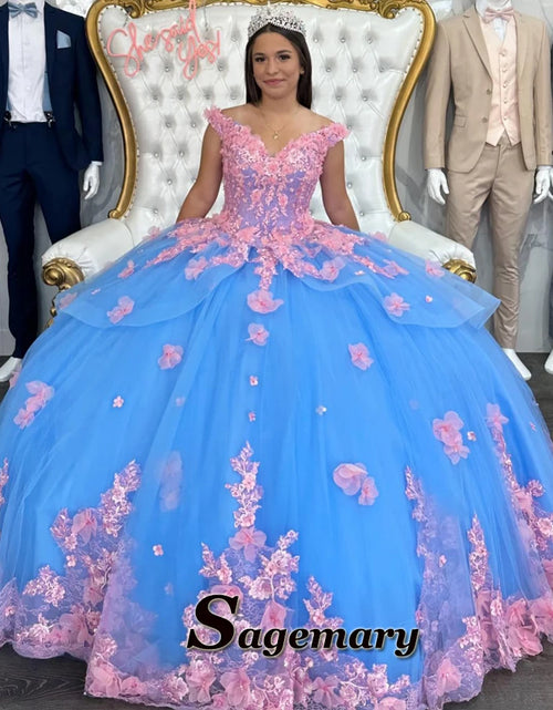 Load image into Gallery viewer, Eternal Blossom: Sweetheart Off-Shoulder Quinceañera Ball Gown with 3D Appliques
