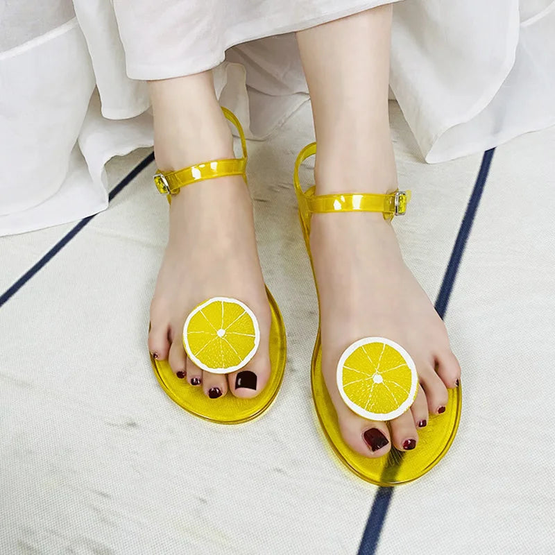 Women Fruit Jelly Sandals PVC Flat Flip-flop Sandal Ladies Summer Outdoor Fashion Non-slip Buckle Strap Beach Shoes Slides