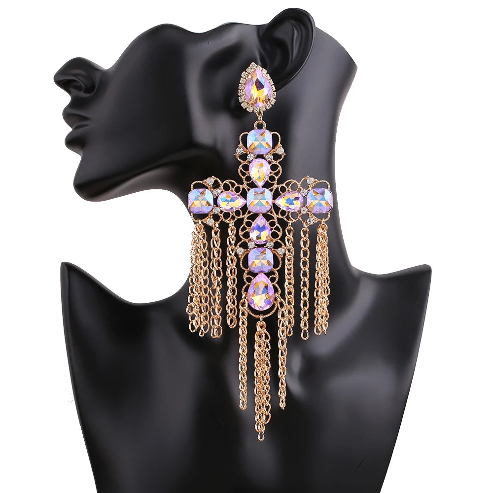 Statement Rhinestone Tassel Drop Earrings – Crystal Dangle Jewelry for Women