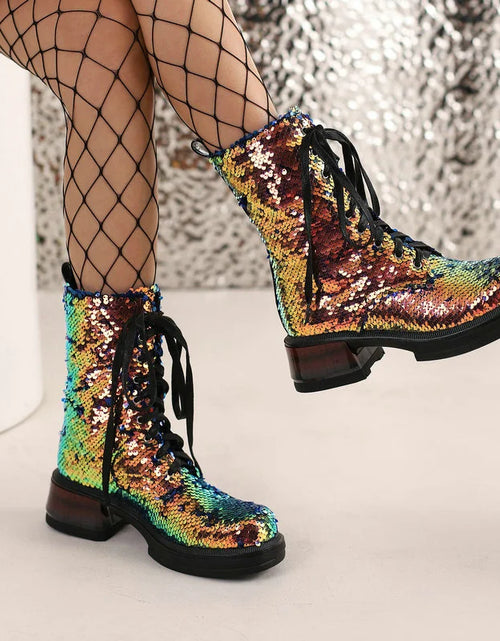 Load image into Gallery viewer, Sparkle &amp; Comfort: Sequined Platform Ankle Boots with Square Heels
