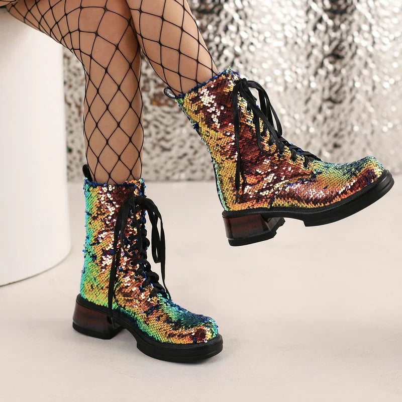 Sparkle & Comfort: Sequined Platform Ankle Boots with Square Heels