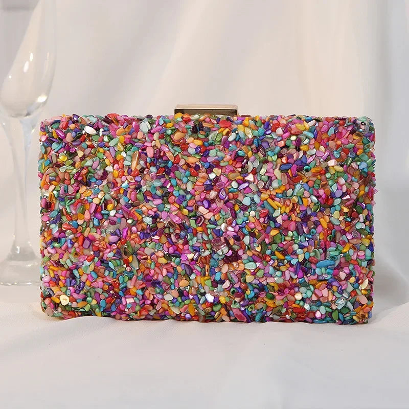 Luxury Colorful Stone Evening Bag – Designer Wedding & Party Crossbody with Chain Wallet