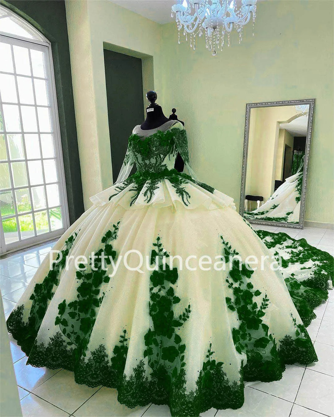 Regal Bloom: Champagne & Red Tiered Quinceañera Ball Gown with 3D Flowers and Train