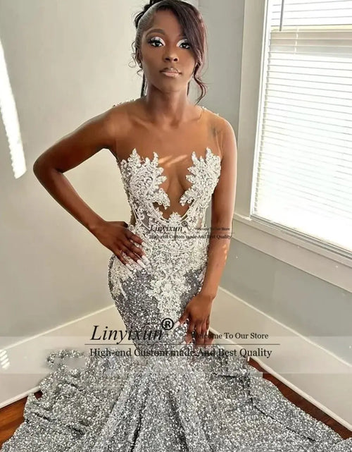 Load image into Gallery viewer, Sparkling Majesty: Custom Glitter Crystal Prom and Evening Gown
