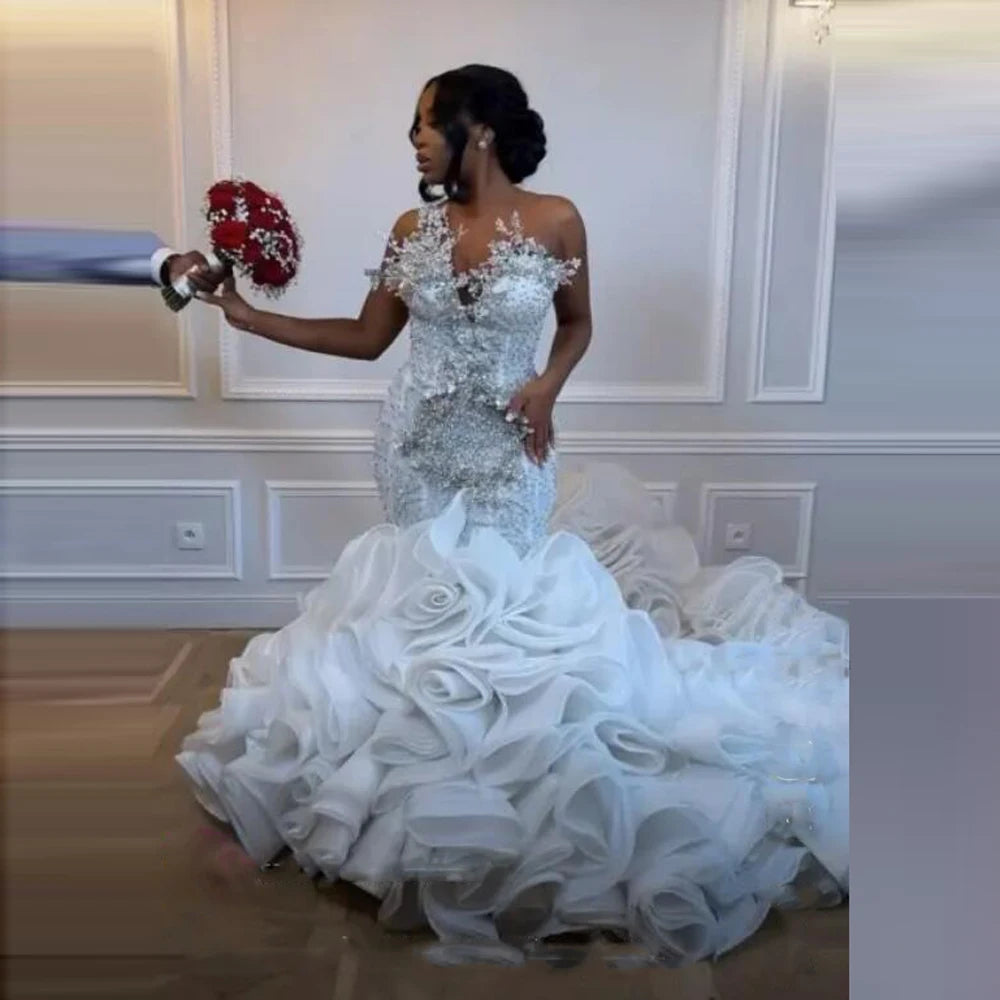 Luxurious Beaded Crystal Mermaid Wedding Dress with Ruffled Bottom – Aso Ebi Bridal Gown