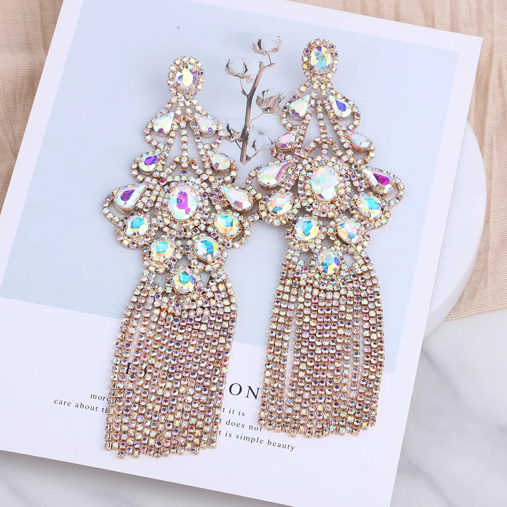 Statement Rhinestone Tassel Drop Earrings – Crystal Dangle Jewelry for Women