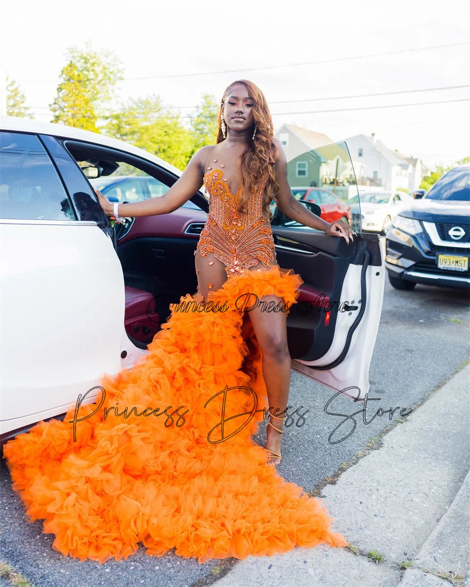 Fiery Glamour: Sparkly Orange Mermaid Gown with High Slit and Ruffles