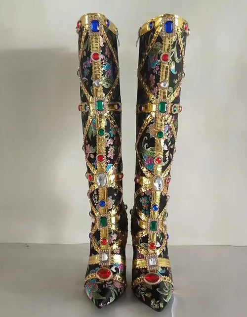 Load image into Gallery viewer, Vibrant Elegance: Colorful Rhinestone Embroidered Mid-Length Ethnic Boots
