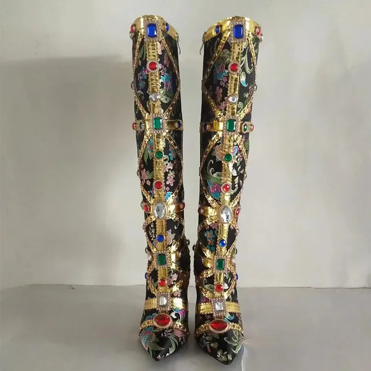 Vibrant Elegance: Colorful Rhinestone Embroidered Mid-Length Ethnic Boots