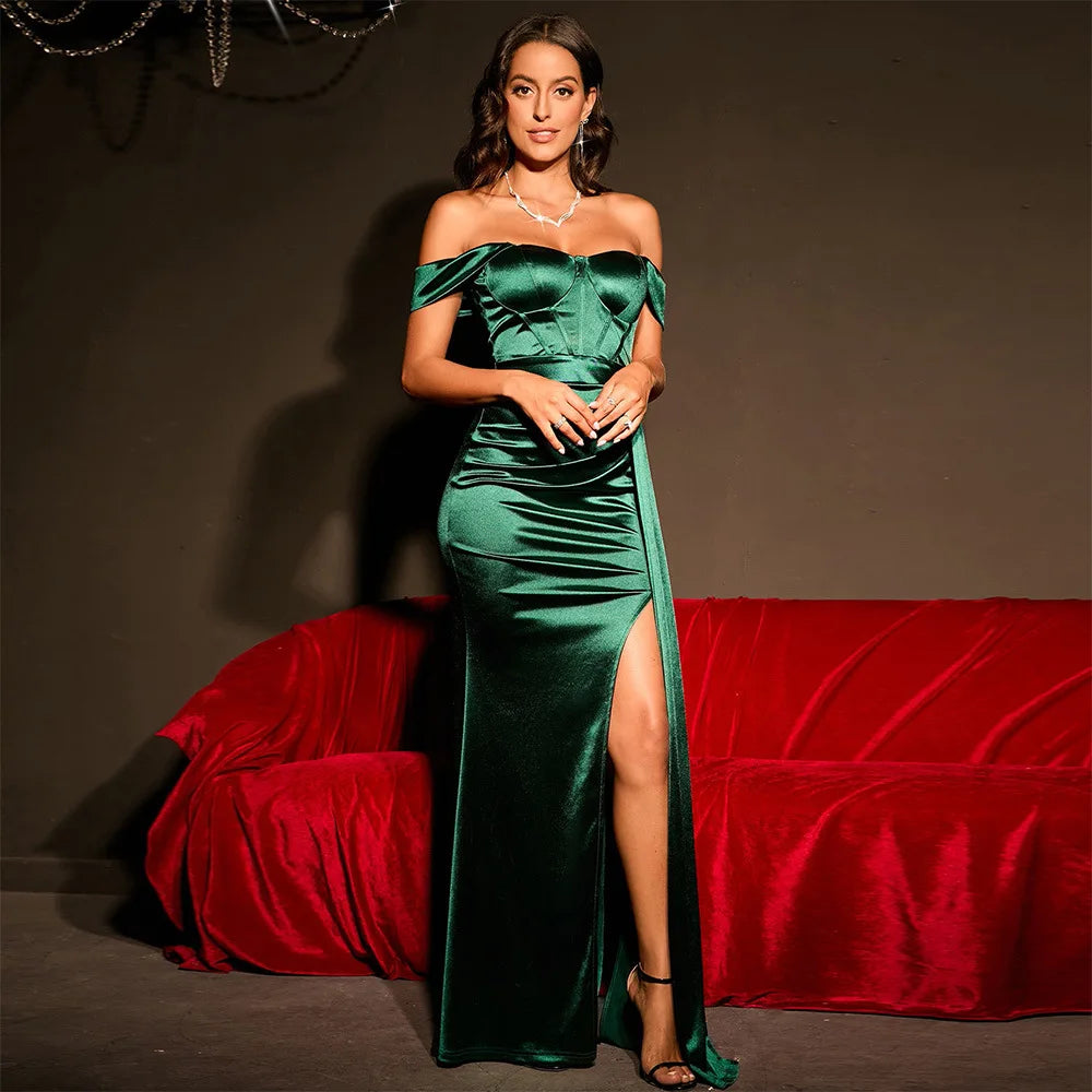 Luxury Off-Shoulder Satin Mermaid Evening Dress with Side Slit & Backless Detail