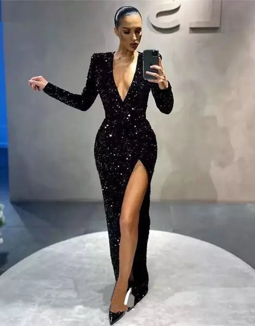 Load image into Gallery viewer, European &amp; American Deep V Slim-Fit Sequined Split Dress – Long Sleeve Glamour for Women&quot;
