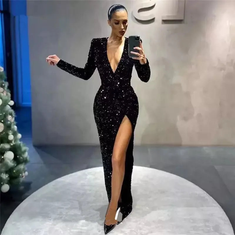 European & American Deep V Slim-Fit Sequined Split Dress – Long Sleeve Glamour for Women"