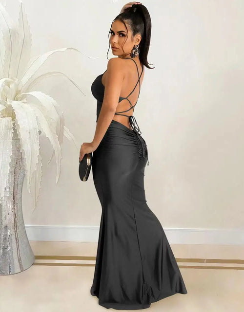 Load image into Gallery viewer, Sexy Lace-Up Backless Satin Maxi Dress – Solid Bodycon Evening Party Dress for Women
