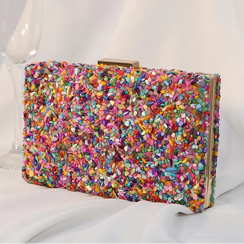 Luxury Colorful Stone Evening Bag – Designer Wedding & Party Crossbody with Chain Wallet