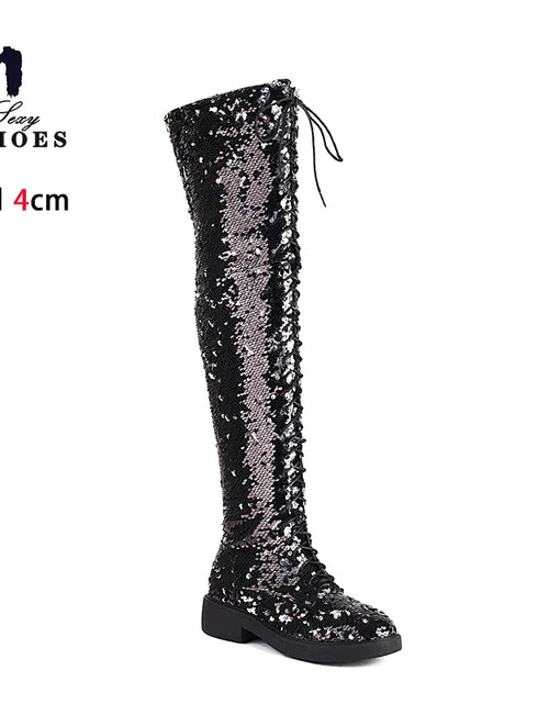 Load image into Gallery viewer, Dazzling Heights: Shiny Sequined Over-the-Knee Boots with Thick Heels
