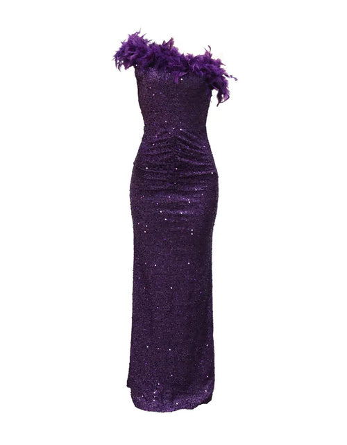 Load image into Gallery viewer, Dazzling Sequined Backless Maxi Dress with Feather &amp; Bead Detailing – Perfect for Birthday Party
