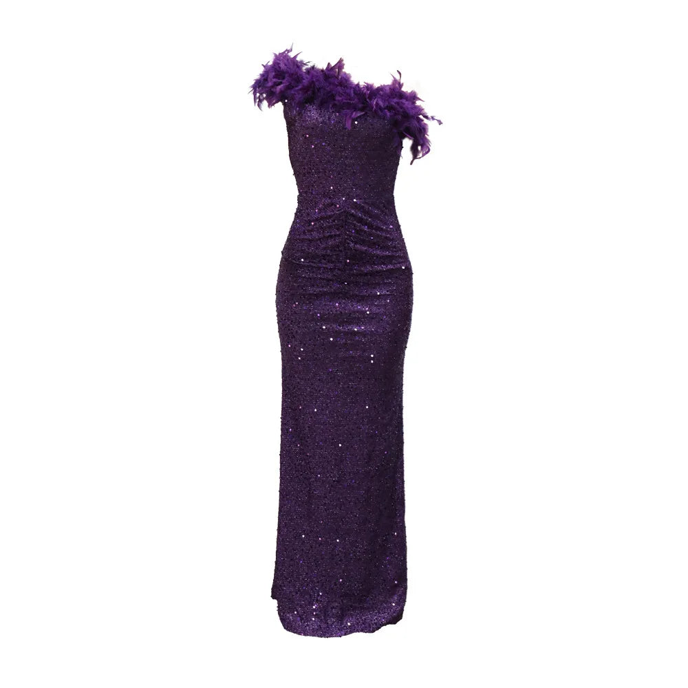 Dazzling Sequined Backless Maxi Dress with Feather & Bead Detailing – Perfect for Birthday Party