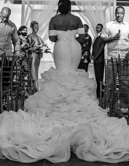 Load image into Gallery viewer, Luxury Mermaid Wedding Dress with Cascading Ruffles – Corset Back &amp; Off-Shoulder Plus Size African Bridal Gown
